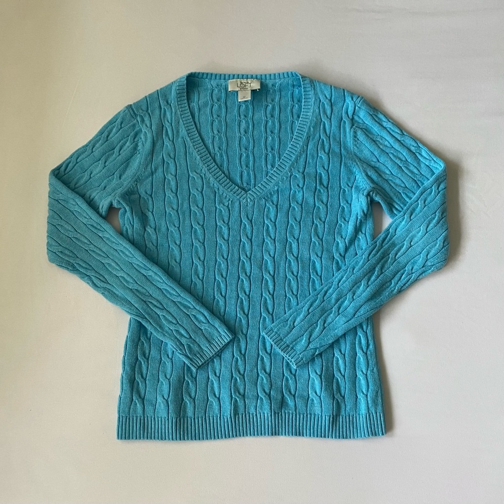 Ann Taylor LOFT Cable Knit V-Neck Sweater Top | Long Sleeve | 100% Cotton